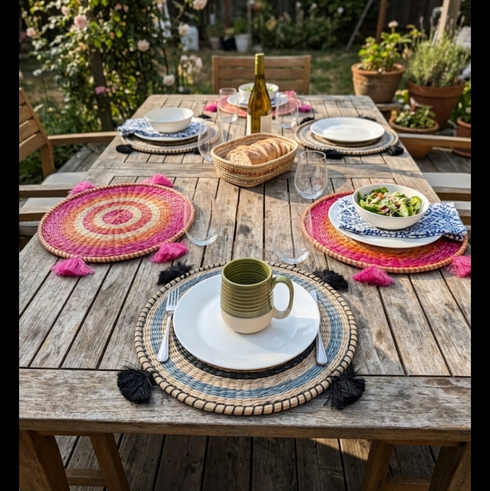 Anthropologie Handwoven Rosa Placemats Set (6) Tassel Boho Dining Decor